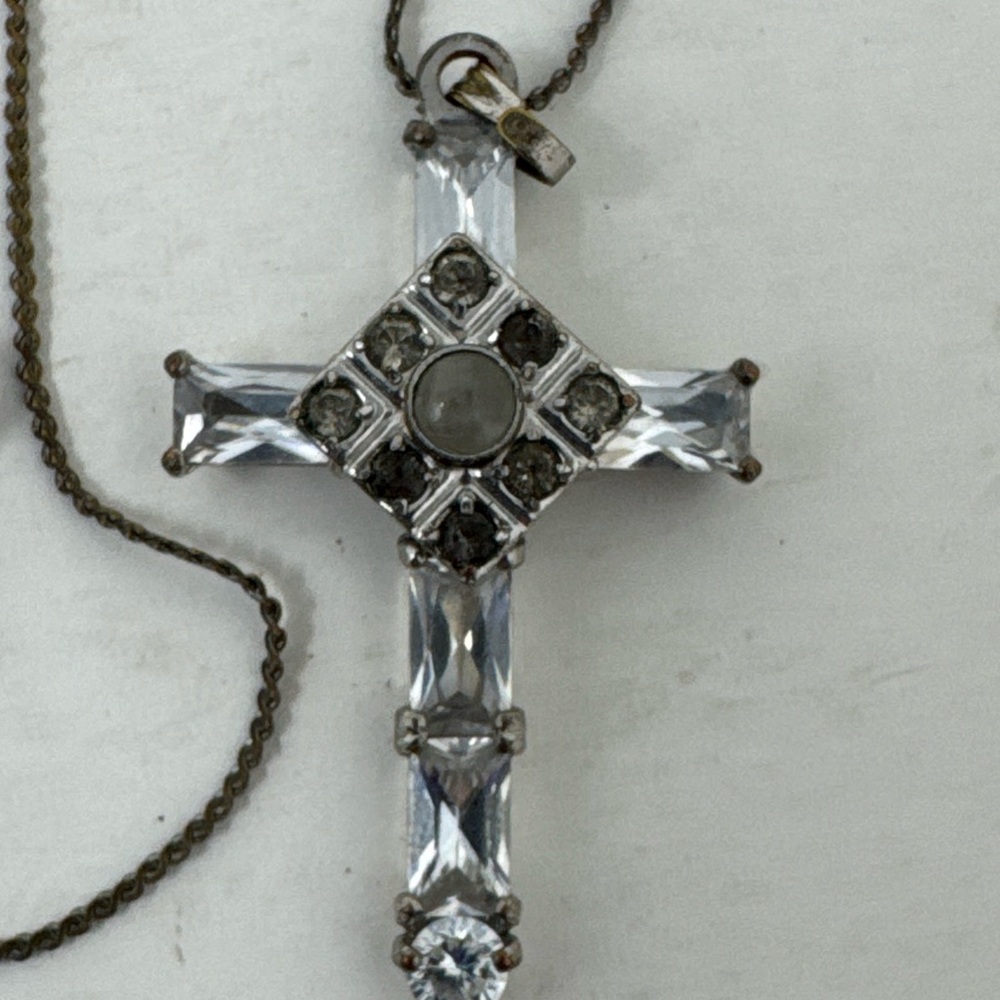 Vintage Cross 18K RGP Rolled Gold Plate Rhinestone Necklace Religious Christian